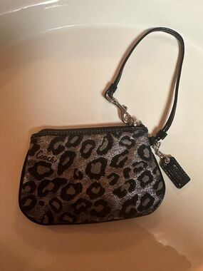 Coach Metallic Silver & Black Leopard Wristlet